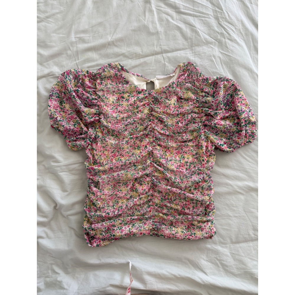 MNG Mango Floral Ruched Puff Sleeve Top Pink Cottagecore Coquette M - Picture 5 of 7